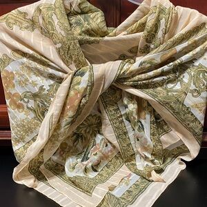 Elegant vintage Floral sheer Scarf with Green peach and Cream Accents